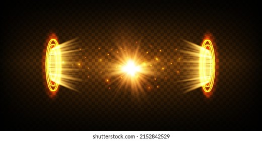 Gold hologram portal. Magic fantasy portal. Magic circle teleport podium with hologram effect. Vector gold glow rays with sparks on transparent background