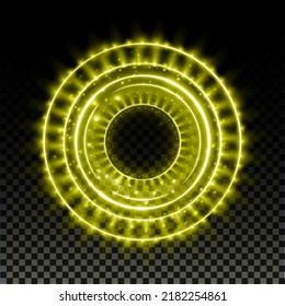 Gold hologram portal. Magic fantasy portal. Magic circle with halo effect. Vector blue glow scifi teleport with sparks and hologram, technology background.