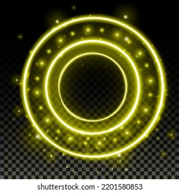 Gold hologram portal. Magic fantasy portal. Magic circle with halo effect. Vector blue glow scifi teleport with sparks and hologram, technology background.