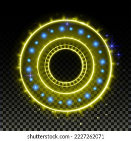 Gold hologram portal. Magic fantasy portal. Magic circle with halo effect. Vector blue glow scifi teleport with sparks and hologram, technology background.