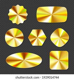 Gold holographic stickers, hologram labels different shapes. Round, square, oval, rhombus, hexagon and wavy iridescent foil or golden colored blank shiny emblems, Realistic 3d vector illustration, set