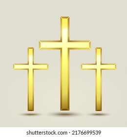 Gold holy cross icon. Religious holy golden cross vector Christian symbol isolated