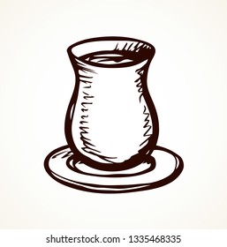 Gold holy sabbath retro container on white paper space for text. Clay bible jew god pray bless jar. Line black ink hand drawn judaic object logo sign in ancient art cartoon vector style. Closeup view