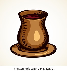 Gold holy sabbath retro container on white paper space for text. Clay bible jew god pray bless jar. Hand drawn judaic golden dishware vase object logo sign in ancient art cartoon vector style. Closeup
