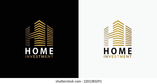 Gold Home Building with Initial Letter H I, Golden Real Estate Apartment with HI Monogram luxury elegant logo design in Black and White Background