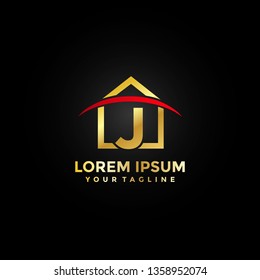 Gold Home Letter J Logo Red Curve Elegant Premium. Modern House Logo Icon Badge Template Vector