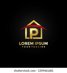 Gold Home Letter P Logo Red Curve Elegant Premium. Modern House Logo Icon Badge Template Vector