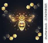 Gold honey bee and of lines, dots, circles and polygons decorated by honeycombs on black background.