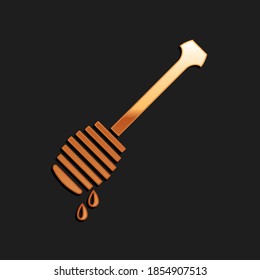 Gold Honey dipper stick with dripping honey icon isolated on black background. Honey ladle. Long shadow style. Vector.