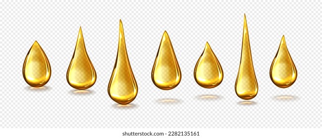 Gold honey drop icon on transparent background. Isolated yellow olive oil droplet vector realistic illustration. Golden falling skincare argan cosmetic, nature essence extract translucent clipart set.