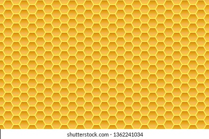 Gold honey hexagonal cells seamless texture. Mosaic or speaker fabric shape pattern. Golden honeyed comb grid texture and geometric hive hexagonal honeycombs. Vector illustration