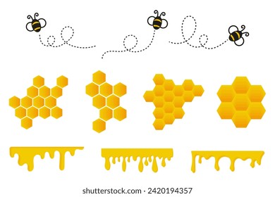 Celdas hexagonales de miel de oro textura transparente y miel de goteo con abejas volando