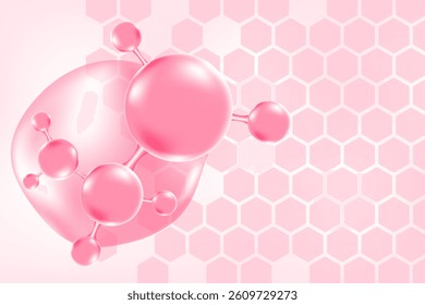 Gold honey serum, collagen molecule peptide or hyaluronic acid. Vitamin solution complex with honeycomb texture. Yellow glowing watercolor gradient background for beauty treatment, nutrition skin care