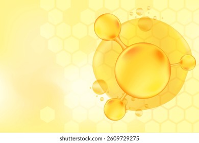 Gold honey serum, collagen molecule peptide or hyaluronic acid. Vitamin solution complex with honeycomb texture. Yellow glowing watercolor gradient background for beauty treatment, nutrition skin care