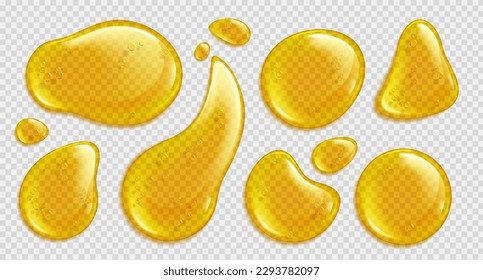 Juego de gotas vectores de aceite de argán amarillo o miel de oro. Mancha de gota líquida amarilla de 3d realistas aislada con vista superior de burbujas. Ilustración del charco del líquido cosmético de queratina sobre fondo transparente.