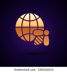 Gold Honeycomb map of the world and bee icon isolated on dark blue background. World bee day. Concept ecological event.  Vector Illustration