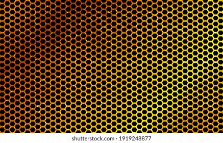 Gold honeycomb on black background. Abstract gold hexagon mesh pattern with glitter texture. Luxury background with glossy gold hexagonal surface pattern. Shiny gold metal background. Vector EPS10