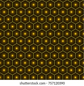 Gold honeycomb seamless vector background pattern, bright dots in the middle.