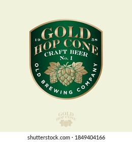 Gold Hop cone logo. Beer Pub emblem like classic signboard. Craft Beer logotype. Old brewing company.