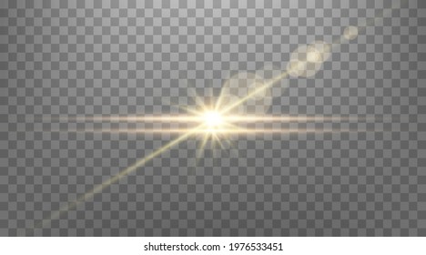 Gold horizontal lens flare.
Isolated on transparent background. Sun flash with rays or gold spotlight and bokeh. Yellow glow flare light effect. Vector illustration.