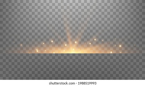 Gold horizontal lens flare.
Isolated on transparent background. Sun flash with rays or gold spotlight. Yellow glow flare light effect. Vector illustration.