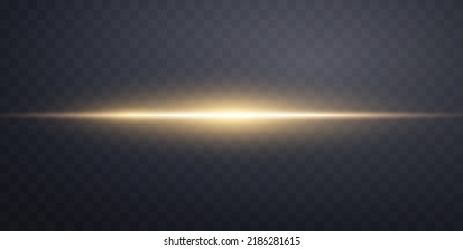 Gold horizontal lens flare. Sun flash with rays or gold spotlight and bokeh. Yellow glow flare light effect. Vector illustration.