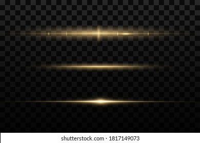 Gold horizontal lens flares pack. Laser beams, horizontal light rays. Glow transparent vector light effect set, explosion, shine, spark, solar flare.