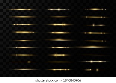 Paquete de bengalas horizontales de lente dorada. Vigas láser, rayos de luz horizontales. Juego de efecto de luz vectorial transparente brillante, explosión, brillo, chispa, llama solar.