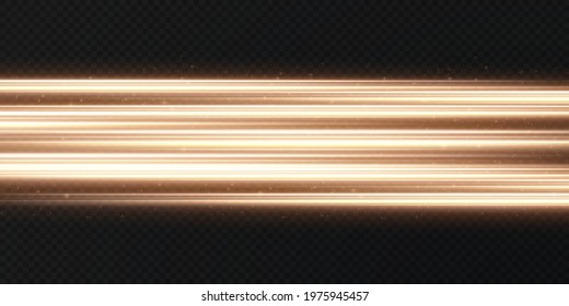 Gold horizontal lens flares pack. Laser beams, horizontal light rays. Beautiful light flares. Glowing streaks on light background. Collection effect light gold line png.