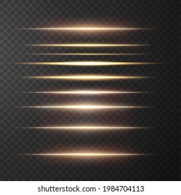 Gold horizontal lens flares pack. Laser beams, horizontal light rays. Beautiful light flares. Glowing streaks on light background. Luminous abstract sparkling lined background.