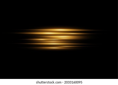 Gold horizontal lens flares pack. Laser beams, horizontal light rays. Glow transparent vector light effect set, explosion, shine, spark, solar flare.
