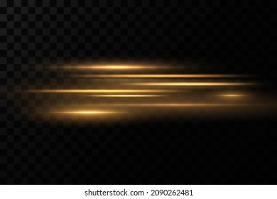 Gold Horizontal Lens Flares Pack. Laser Beams, Horizontal Light Rays. Glow Transparent Vector Light Effect Set, Explosion, Shine, Spark, Solar Flare.