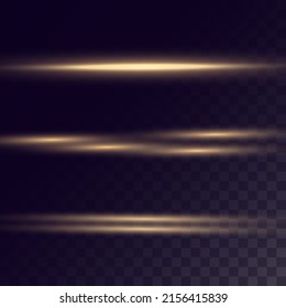 Gold horizontal lens flares pack. Laser beams, horizontal light rays. Beautiful light flares. Glowing streaks on light background. Collection effect light gold line.