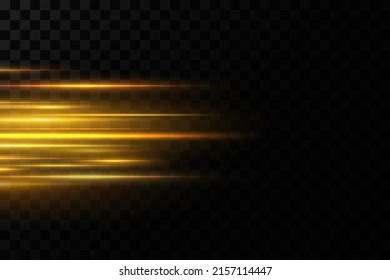 Gold Horizontal Lens Flares Pack. Laser Beams, Horizontal Light Rays. Glow Transparent Vector Light Effect Set, Explosion, Shine, Spark, Solar Flare.