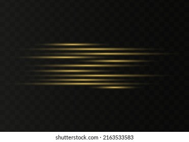 Gold horizontal lens flares pack. Abstract set of light flares, laser beams, sparkling lined, horizontal light rays. Vector illustration.