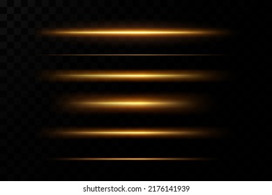 Gold Horizontal Lens Flares Pack. Laser Beams, Horizontal Light Rays. Glow Transparent Vector Light Effect Set, Explosion, Shine, Spark, Solar Flare.