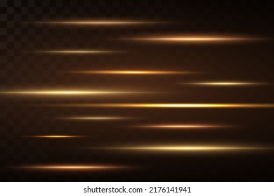 Gold horizontal lens flares pack. Laser beams, horizontal light rays. Glow transparent vector light effect set, explosion, shine, spark, solar flare.
