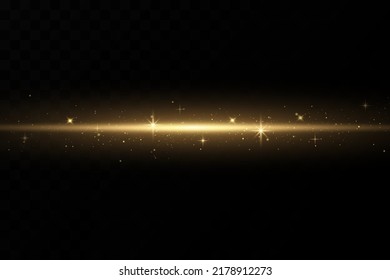 Gold horizontal lens flares pack. Laser beams, horizontal light rays. Glow transparent vector light effect set, explosion, shine, spark, solar flare.