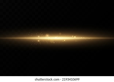 Gold horizontal lens flares pack. Laser beams, horizontal light rays. Glow transparent vector light effect set, explosion, shine, spark, solar flare.