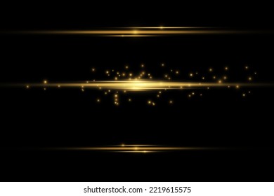 Gold Horizontal Lens Flares Pack. Laser Beams, Horizontal Light Rays. Glow Transparent Vector Light Effect Set, Explosion, Shine, Spark, Solar Flare.