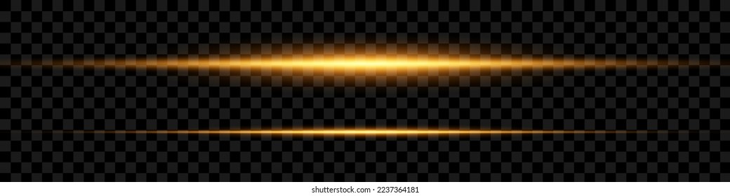 Gold horizontal lens flares pack. Laser beams, horizontal light rays. Glow transparent vector light effect set, explosion, shine, spark, solar flare.