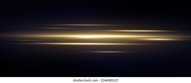 Gold horizontal lens flares pack. Laser beams, horizontal light rays. Glow transparent vector light effect set, explosion, shine, spark, solar flare.