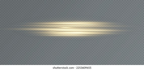 Gold horizontal lens flares pack. Laser beams, horizontal light rays. Glow transparent vector light effect set, explosion, shine, spark, solar flare.