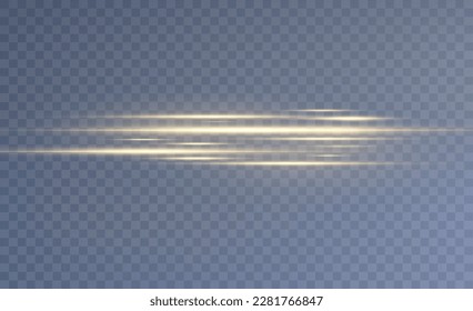 Gold horizontal lens flares pack. Laser beams, horizontal light rays. Glow transparent vector light effect set, explosion, shine, spark, solar flare.