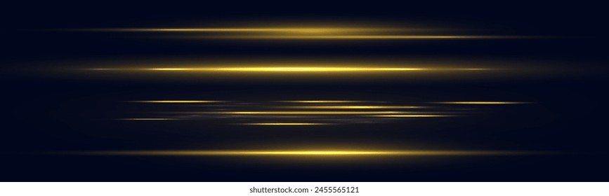 Paquete de destellos de lente Horizontal dorada. Rayos láser, rayos de luz Horizontal. Ilustración vectorial del brillo amarillo de la lámpara led, destello brillante del amanecer en el horizonte.	
