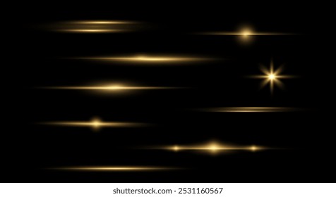 Gold horizontal lens flares pack. Laser beams, horizontal light rays. Beautiful light flares. Glowing streaks on light background. Light line effect gold png.	
