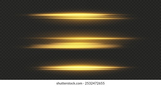 Gold horizontal lens flares pack. Laser beams, horizontal light rays. Beautiful light flares. Glowing streaks on light background. Collection effect light gold line png.	