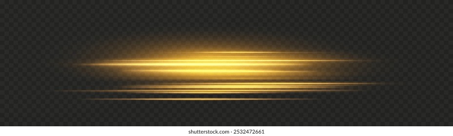 Gold horizontal lens flares pack. Laser beams, horizontal light rays. Beautiful light flares. Glowing streaks on light background. Collection effect light gold line png.	