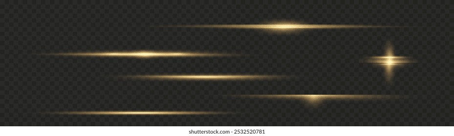 Gold horizontal lens flares pack. Laser beams, horizontal light rays. Beautiful light flares. Glowing streaks on light background. Light line effect gold png.	