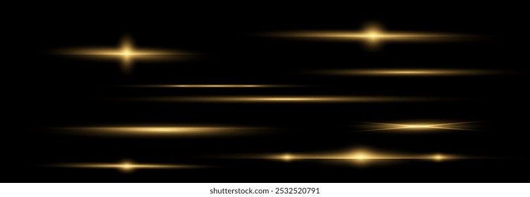 Gold horizontal lens flares pack. Laser beams, horizontal light rays. Beautiful light flares. Glowing streaks on light background. Light line effect gold png.	